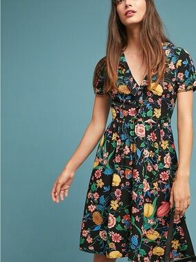Anthropologie Black Floral V-Neck Fit-and-Flare Mini Dress